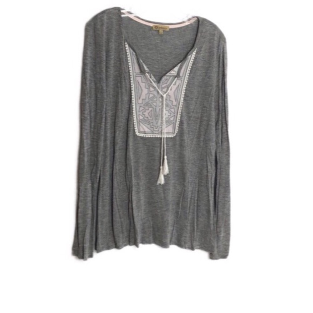 Democracy Gray White Embroidered Bib Tassel Top L